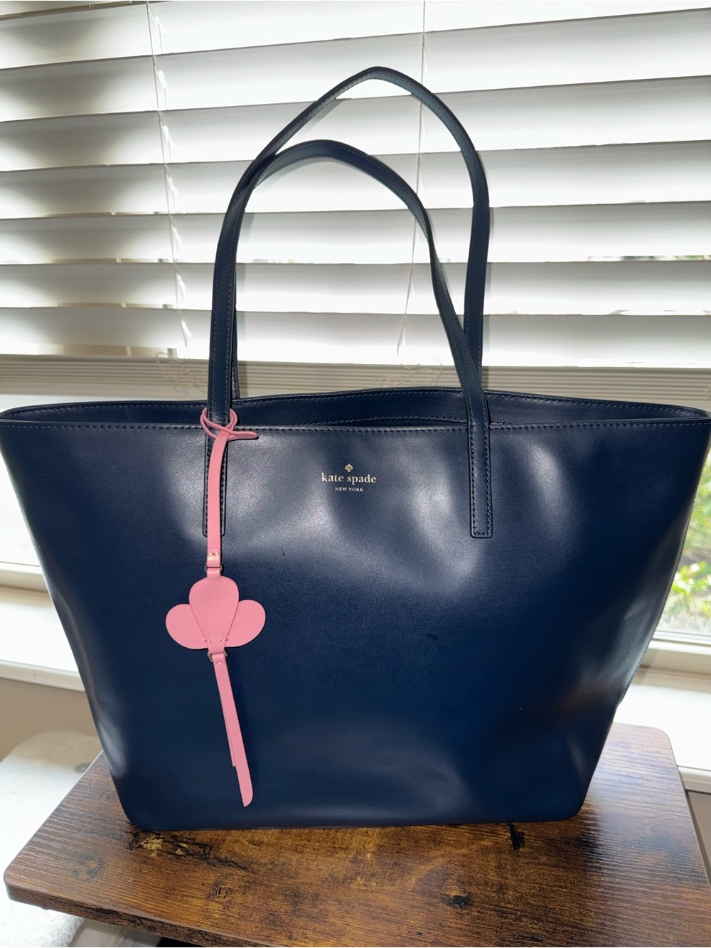 Kate Spade Navy Blue Leather Tote Bag with Pink Bag Tag & Zip Closure